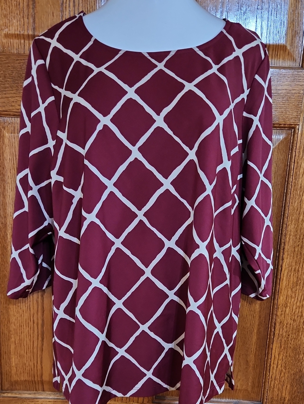 Dressbarn Women's Burgundy Blouse with Cream Lattice Print 2x